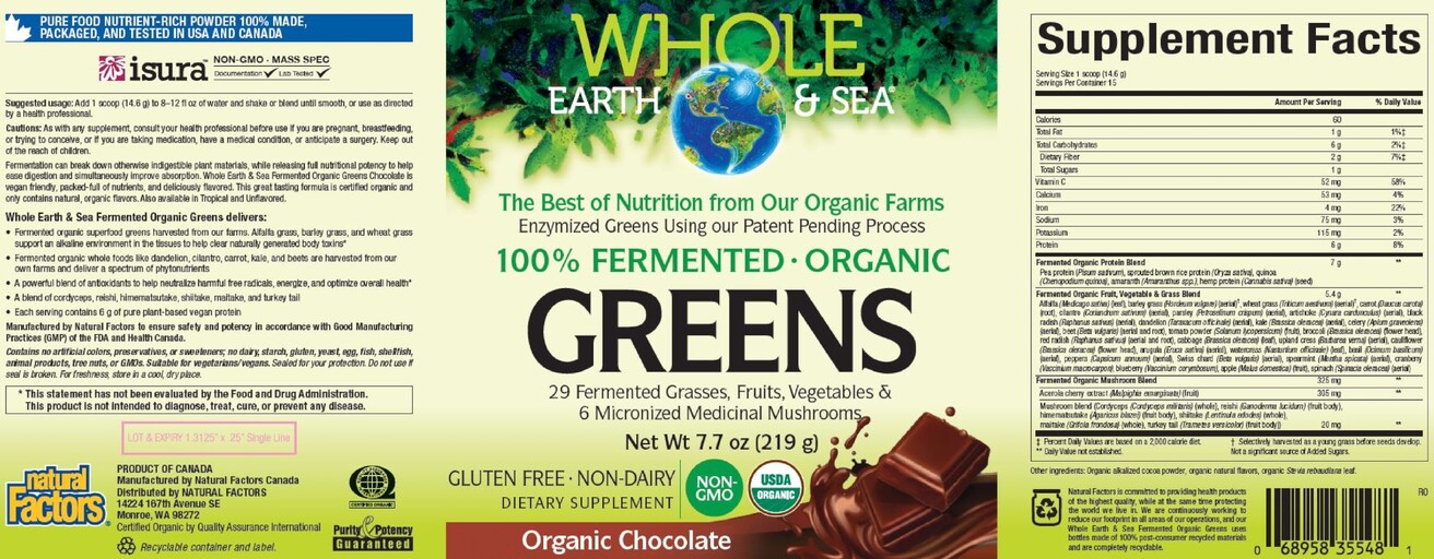 Natural Factors Whole Earth & Sea 100% Fermented Organic Greens Organic Chocolate product packaging