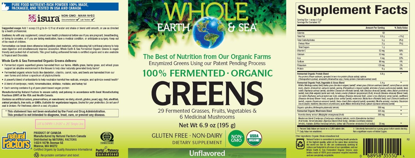 Natural Factors Whole Earth & Sea 100% Fermented Organic Greens Unflavored product packaging