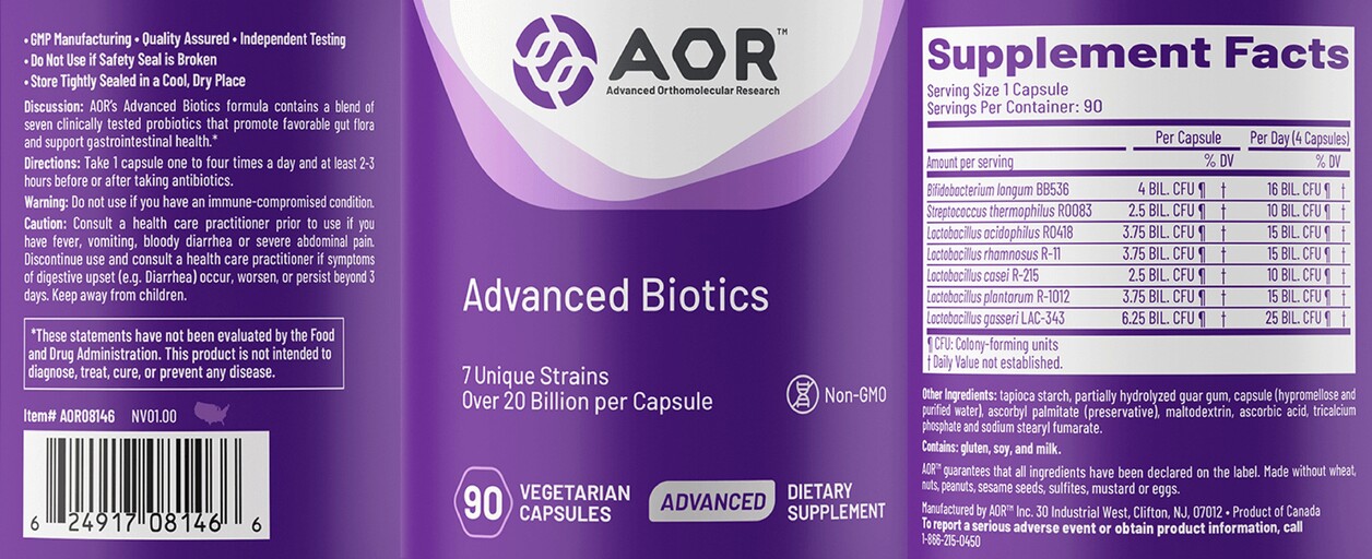 AOR Advanced Orthomolecular Research Advanced Biotics product packaging